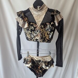 Dance Costume - Velvet Embroidered Ruffle 2pc Set – Black & Gold